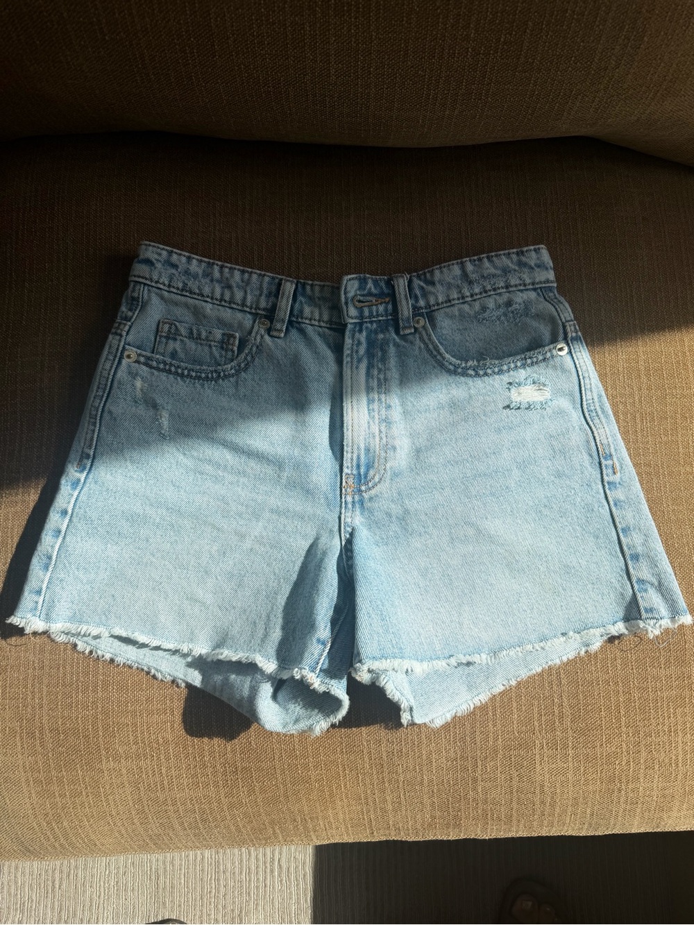 Mango Light Blue Frayed Hem Denim Shorts